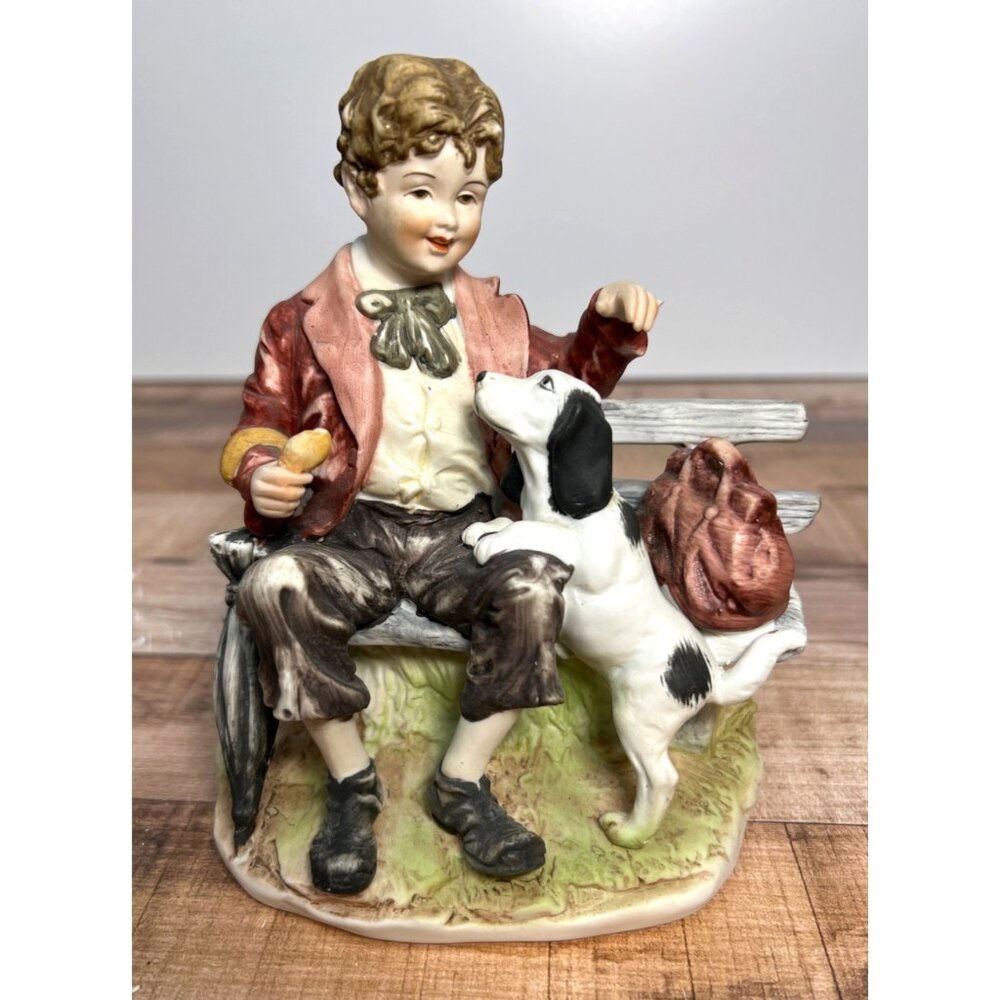 Vintage Lefton Porcelain Figurine Boy With Dog Bench Scene KW5644 Hand Painted